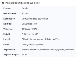 STEEL CORRUGATED SCUFF LINER 18GA, 6.5" X 52'