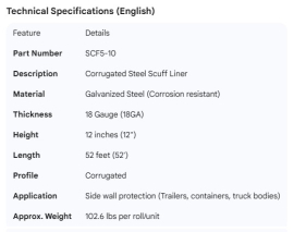STEEL CORRUGATED SCUFF LINER 18GA X 12" X 52'