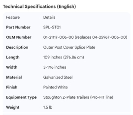 STOUGHTON OUTER POST COVER SPLICE 109" 01-21117-006-00