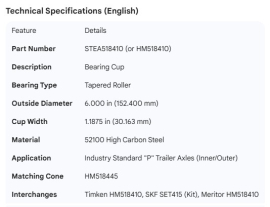 STEMCO SPINDLE BEARING CUP