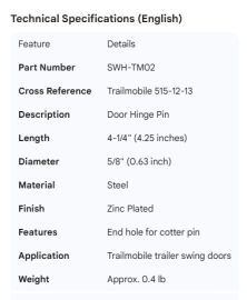 TRAILMOBILE HINGE PIN 515-12-13