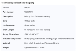 TRANSGLOBAL ROLL-UP DOOR BALANCER ASSY TODCO STYLE FOR 102"