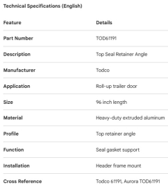 TODCO TOP SEAL RETAINER ANGLE 96"