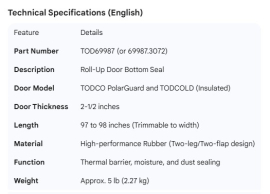 TODCO ROLL-UP DOOR BOTTOM SEAL 97" POLARGUARD