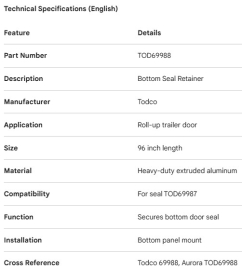 TODCO ROLL-UP DOOR BOTTOM SEAL RETAINER 96" FOR 69987