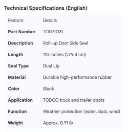 TODCO ROLL-UP DOOR SIDE SEAL 110"