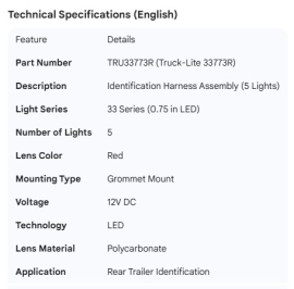 TRUCK LITE HARNESS 5 LIGHTS MOD 33