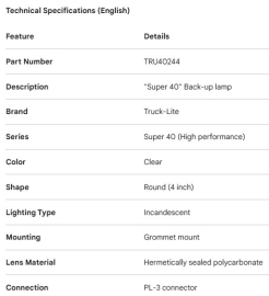 TRUCK LITE CLEAR "SUPER 40" BACK-UP LAMP