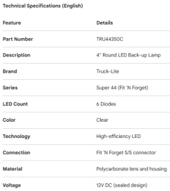 TRUCK LITE BACK UP LAMP 4" RD CLEAR LED 6 DIODE FIT N FORGET