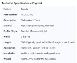 TRANSCRAFT WINCH TRACK 3-5/64" ALUM (50')