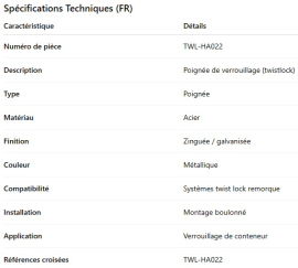 POIGN&Eacute;E DE BARRURE DE CONTENEUR