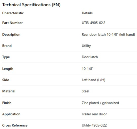 UTILITY REAR DOOR LATCH 10-1/8 LG L/H