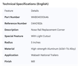 WABASH NOSE RAIL REPLACEMENT CORNER 04A01826 W/LIGHT CUTOUT