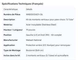 WABASH S-TUBES BUMPER SS UPRIGHT 19" LH & RH