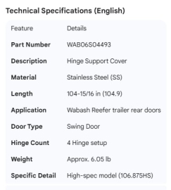 WABASH REEFER HINGE COVER 104.9;4 HNGE CVR;SS;106.875HS