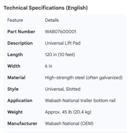 WABASH BOTTOM RAIL LIFT PAD UNIVERSAL 120"