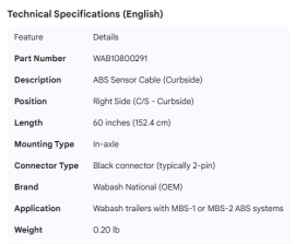 WABASH ABS SENSOR CABLE C/S