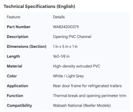 WABASH REEFER OPENING PVC CHANNEL 1" X 5" X 1" X 160-1/8"