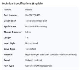 WABASH BOTTOM RAIL 3/8 X 1" TORX BUTTON BOLT