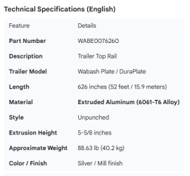 WABASH PLATE TRAILER TOP RAIL
