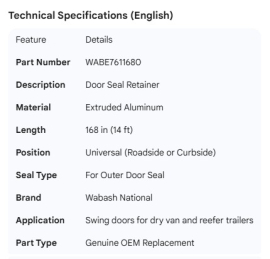 WABASH DOOR SEAL RETAINER ALUM 168"