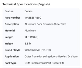WABASH ALUMINUM DOOR EXTRUSION OUTER TRIM 14FT