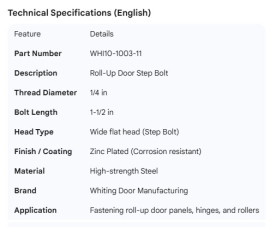 WHITING ROLL-UP DOOR BOLT STEP BOLT 1/4" X 1-1/2"