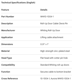 WHITING ROLL-UP DOOR CABLE CLEVIS PIN 0.31" X 1"