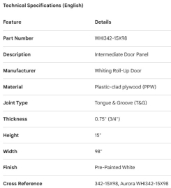 WHITING ROLL-UP DOOR PANEL INTERM 15" X 98" T&G PPW