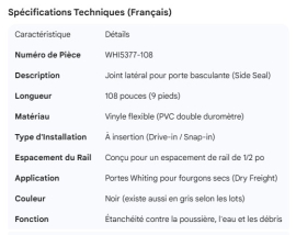 WHITING ROLL-UP DOOR SIDE SEAL DRY FREIGHT 108"