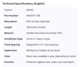 WHITING ROLL-UP DOOR SIDE SEAL DRY FREIGHT 108"