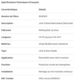 WHITING ROLL-UP DOOR SIDE SEAL 114-3/4"