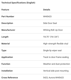 WHITING ROLL-UP DOOR SIDE SEAL 114-3/4"