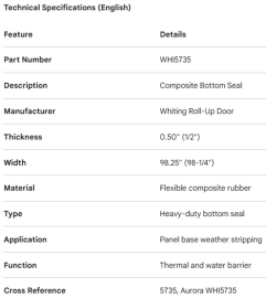WHITING ROLL-UP DOOR BOTTOM SEAL COMPOSITE 0.50" X 98 1/4"