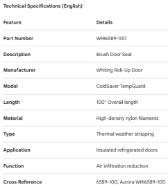 WHITING COLDSAVER TEMPGUARD ROLL-UP DOOR BRUSH SEAL 100"