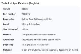 WHITING ROLL-UP DOOR CABLE ANCHOR U-BOLT 1-1/4