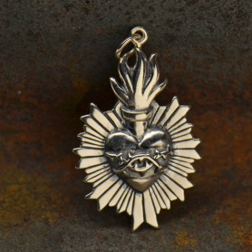 Sterling Silver Flaming Sacred Heart Pendant 33x19mm