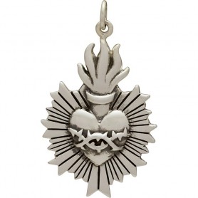 Sterling Silver Flaming Sacred Heart Pendant 33x19mm