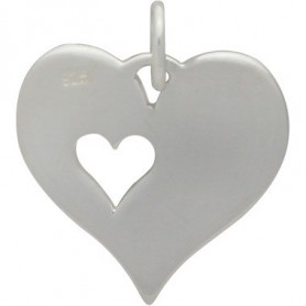 Sterling Silver Heart Charm with One Heart Cutout 17x13mm