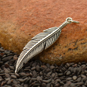 Sterling Silver Feather Charm  -Textured 36x7mm