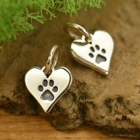 Sterling Silver Paw Print Charm on Heart  - Pet Charm 11x7mm