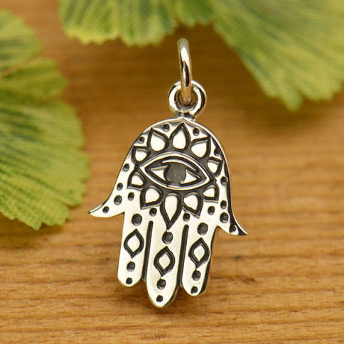 Sterling Silver Hamsa Hand with Etched Evil Eye 19x11mm