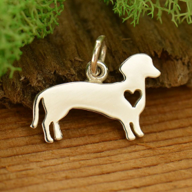 Sterling Silver Dog Charm - Dachshund with Heart 13x13mm