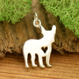 Sterling Silver Dog Charm -French Bulldog with Heart 18x10mm