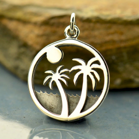 Sterling Silver Palm Tree on Island Beach Charm 21x15mm