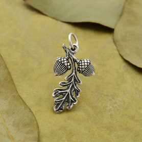 Sterling Silver Oak Leaf Pendant with Acorn Cluster 23x12mm
