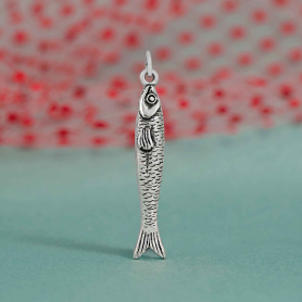 Sterling Silver large sardine charm on blue background