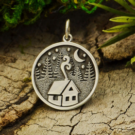 Sterling Silver Cabin Charm with Trees and Moon 21x15mm