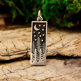 Sterling Silver Rectangle Pine Tree Charm with Moon 28x8mm