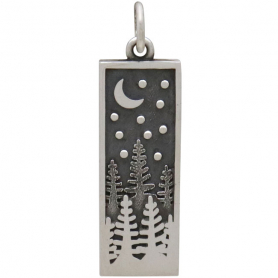 Sterling Silver Rectangle Pine Tree Charm with Moon